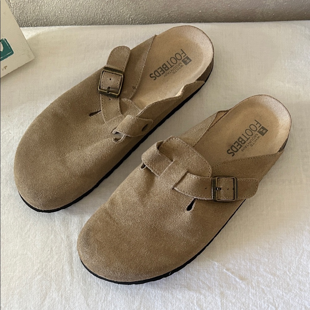 White Mountain Suede Clog Slides in Taupe with Buckle